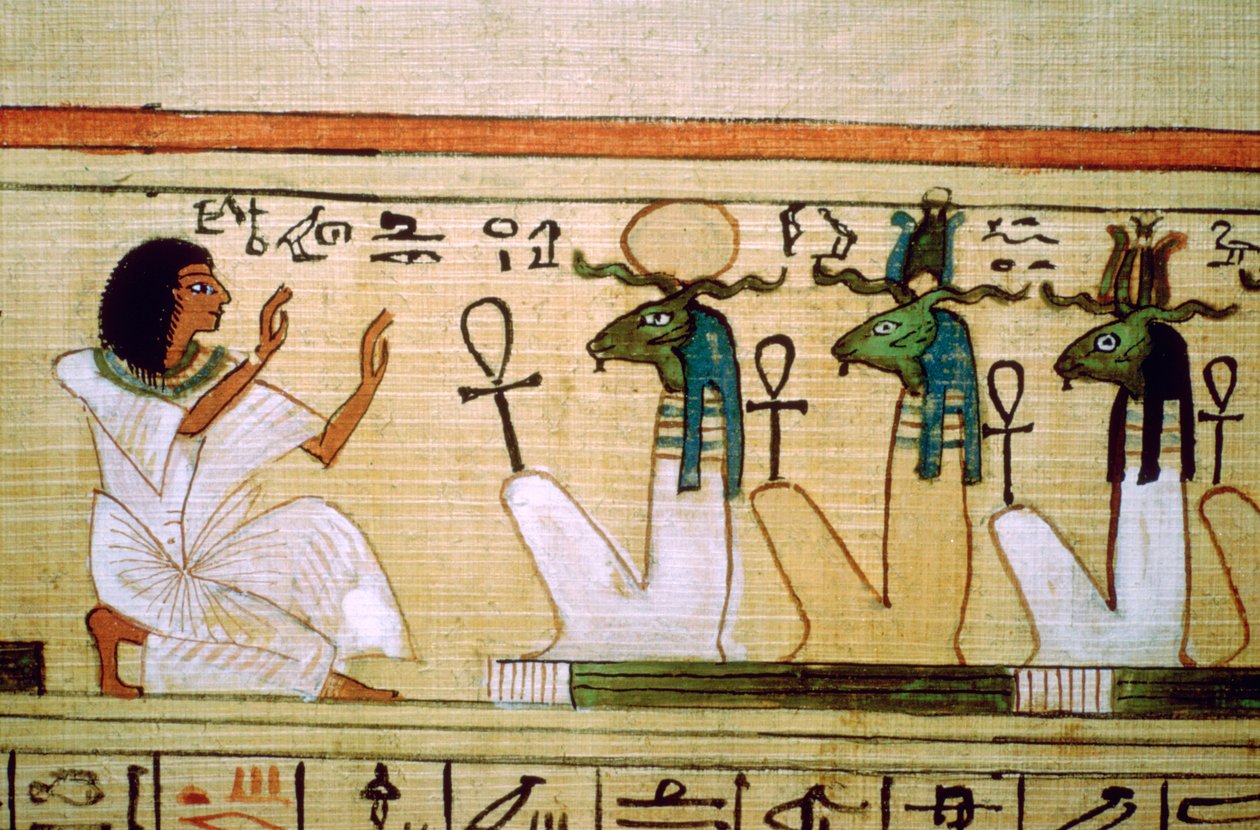 Egyptská kniha mrtvých, zesnulý klečící před bohy podsvětí od Unbekannt