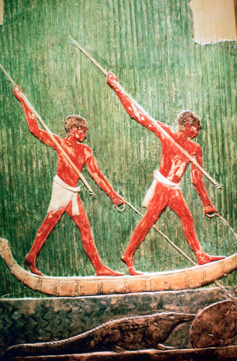 Egyptský malovaný reliéf lovu hrochů od Unbekannt