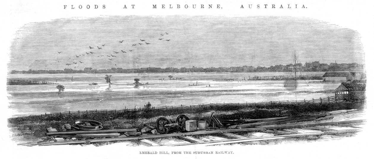Emerald Hill, z příměstské železnice - povodně v Melbourne, Austrálie, 1864 od Unbekannt