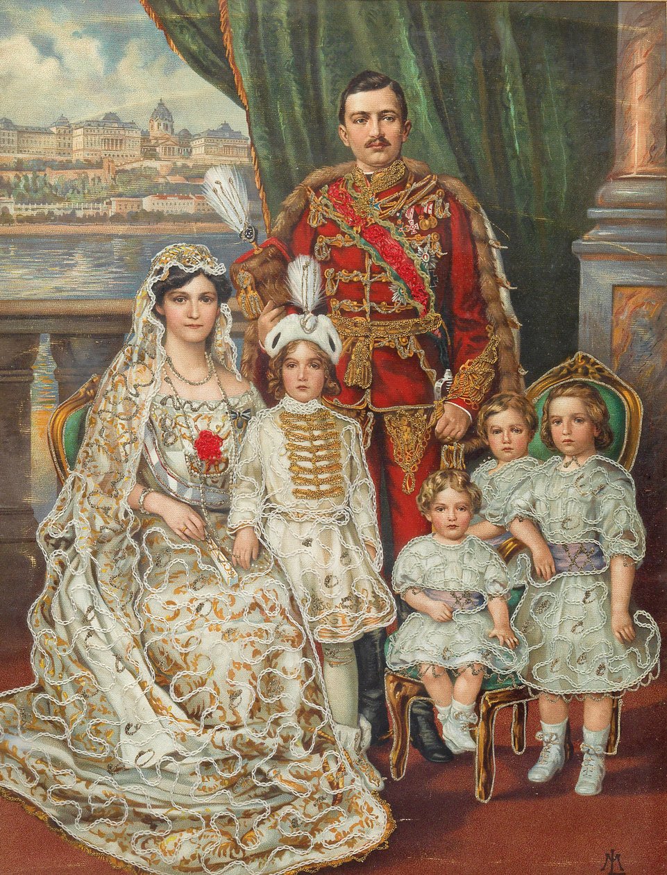 Rakouský císař Karel I. s manželkou Zitou, korunním princem Ottou a třemi dalšími dětmi, c. od Unbekannt