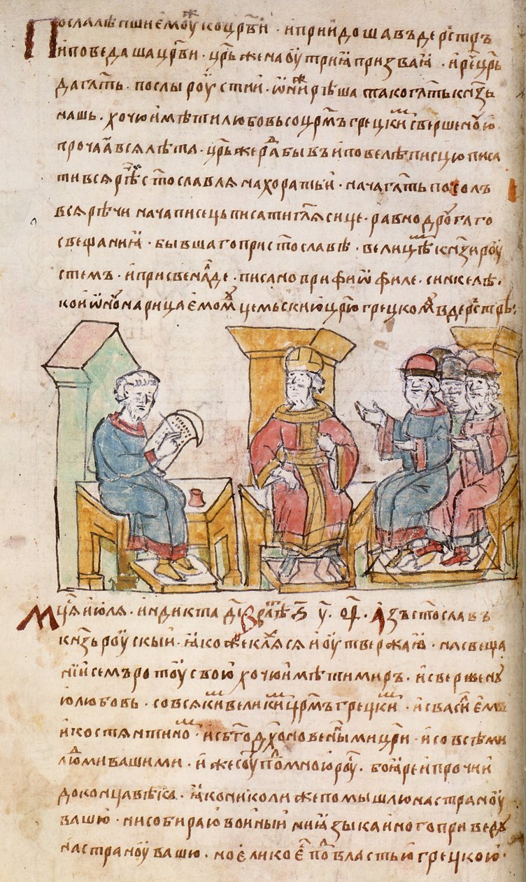 Setkání císaře Jana I. Tzimiskese s velvyslanci Svjatoslava I. Kyjevského z Radziwillovy kroniky, 15. století od Unbekannt
