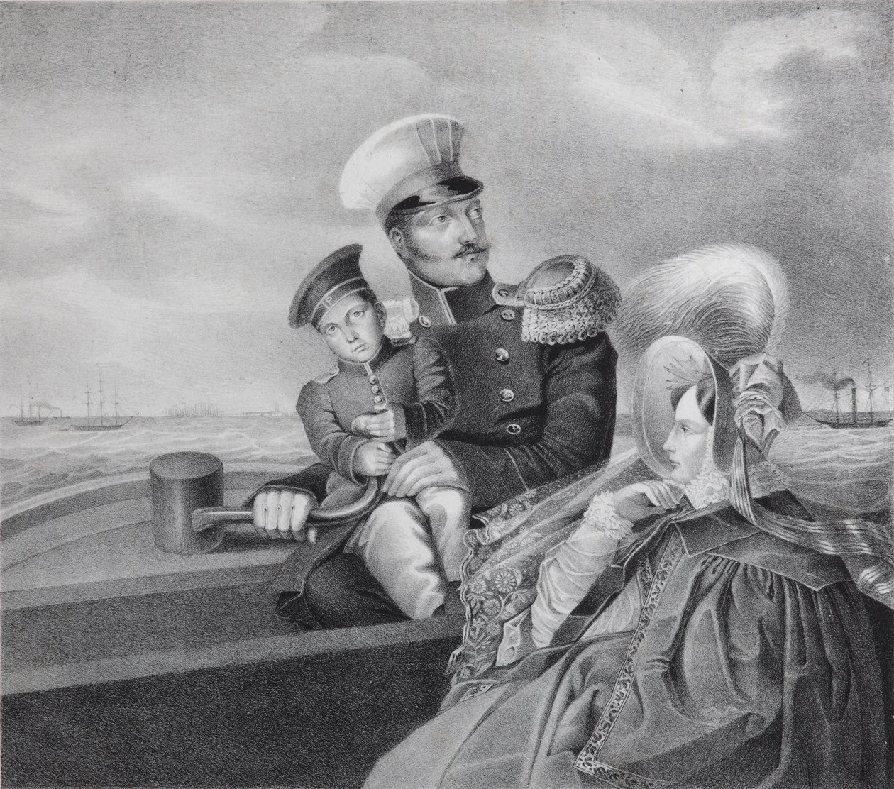 Císař Nicholas I a carevna Alexandra Fjodorovna se synem Konstantinem Nikolaevičem na výletě lodí, od Unbekannt