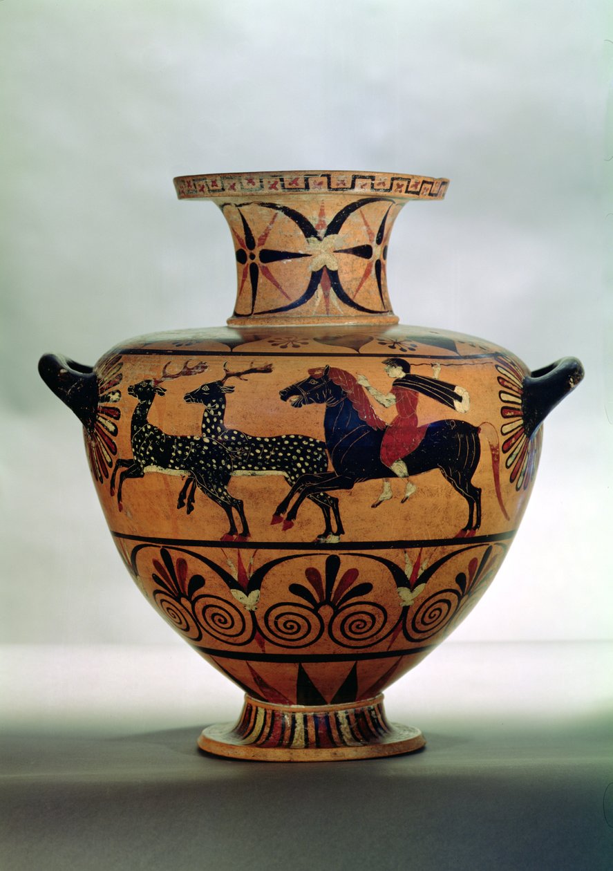 Etrusko-jónská černofigurová hydria zobrazující loveckou scénu, z Cerveteri, cca 540-530 př. n. l. (keramika) od Unbekannt