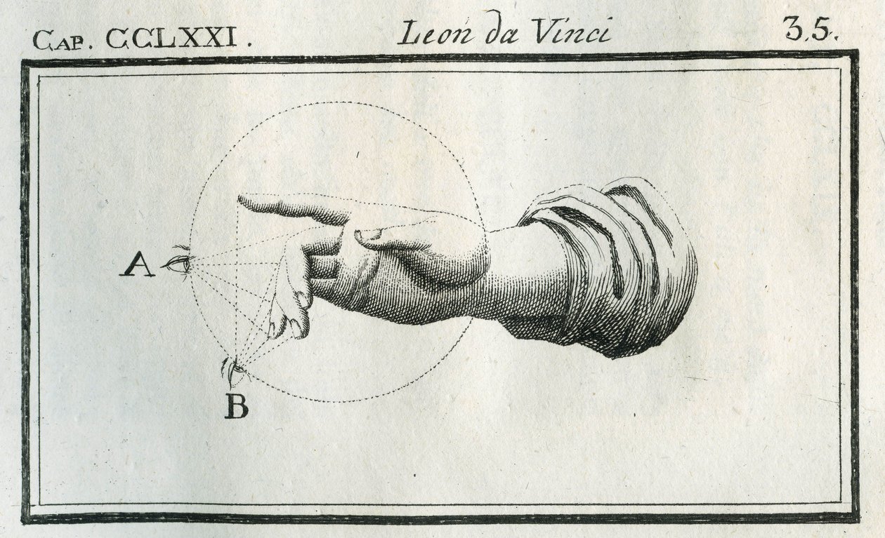 Etuda o vnímání prstů ruky v pohybu. Rytina z "" Pochoutka z malby "" od Leonarda da Vinci (Leonard de Vinci) (1452-1519). "" Pojednání o malbě od Lionarda da Vinciho, "" "Milan, Typografická společnost od Unbekannt