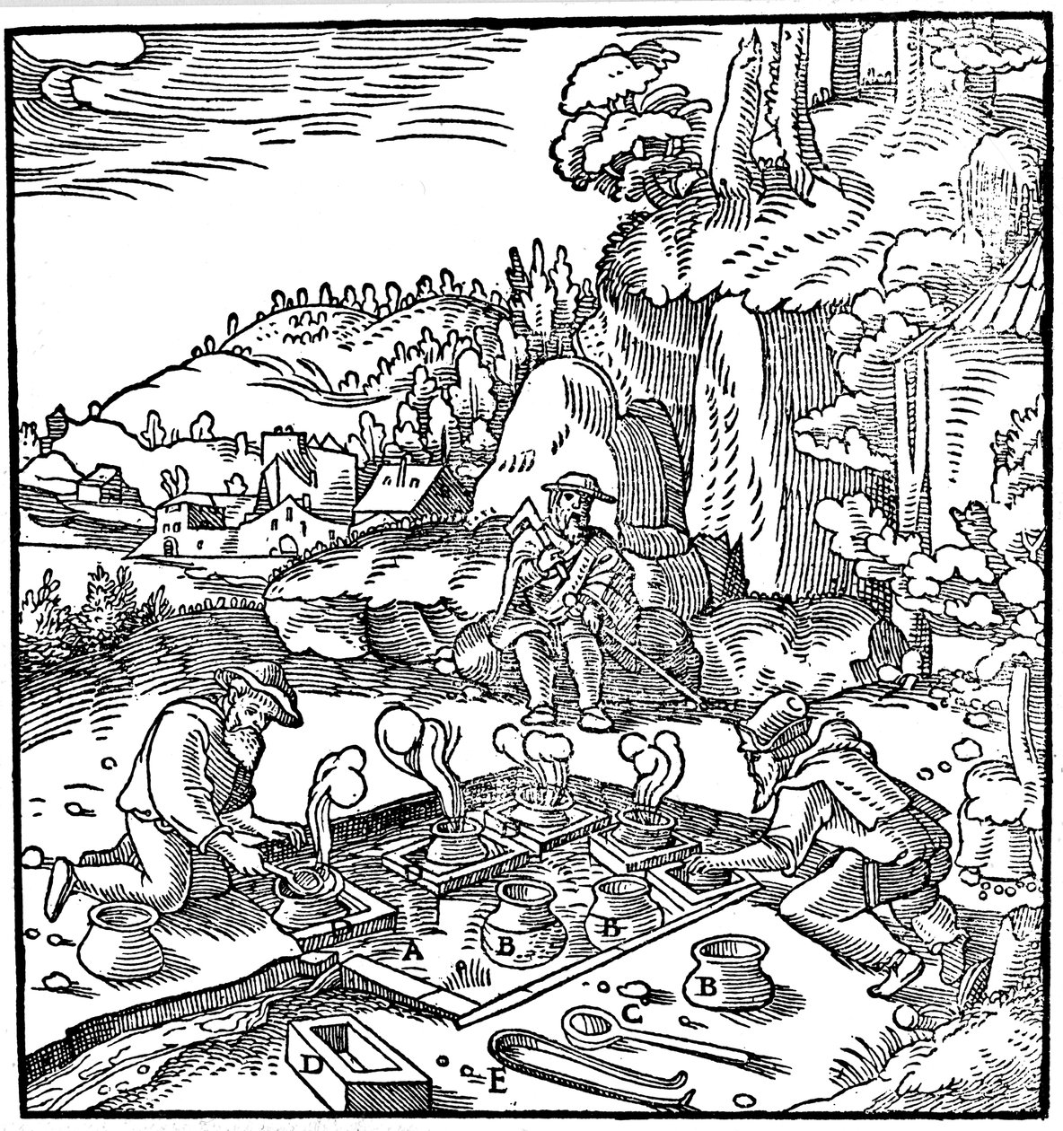 Odpařovací nádoby se solankou v přírodním horkém prameni za účelem získání soli, 1556 od Unbekannt
