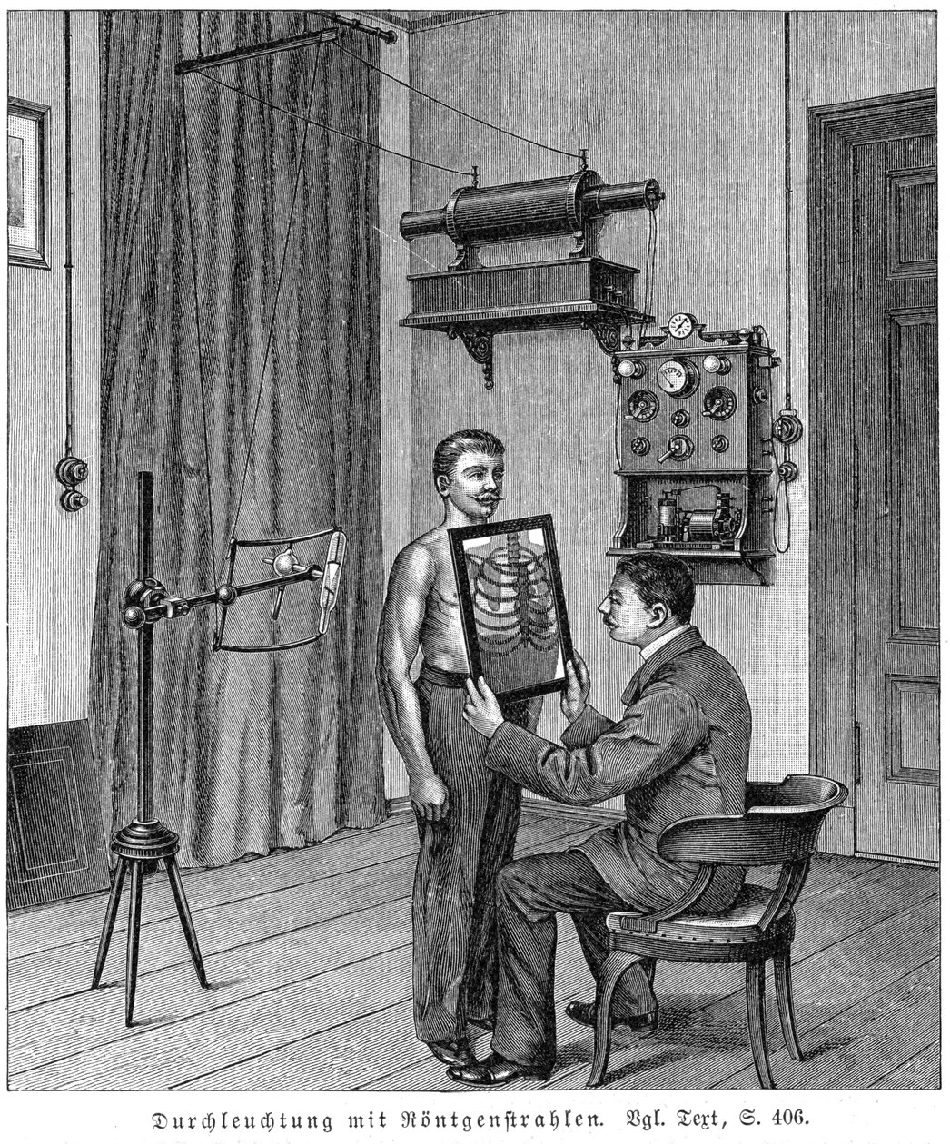 Vyšetřování hrudníku pacienta pomocí rentgenové trubice a fluorescenční obrazovky, 1903 od Unbekannt