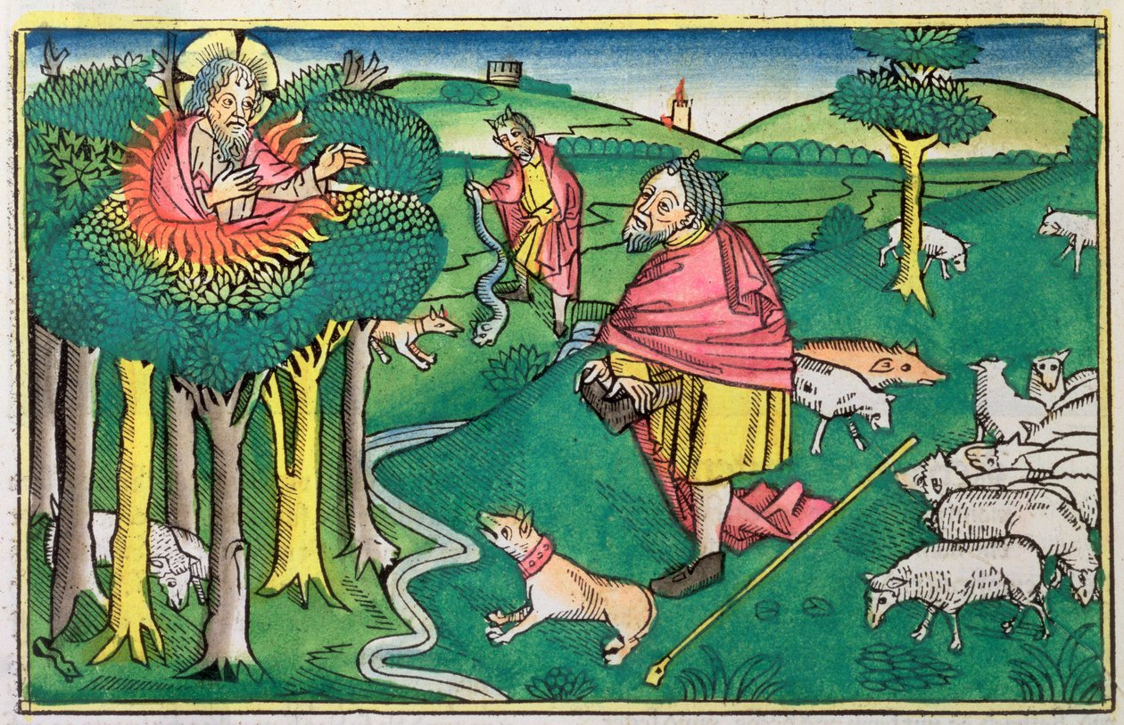 Exodus 3:1-22 a 4:1-4: hořící keř a Bůh vyzbrojující Mojžíše zázračnou holí od Unbekannt