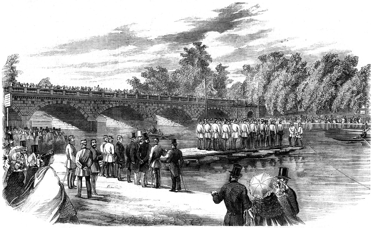 Experimenty s pontonovým mostem kapitána Fowkese na Serpentine, Hyde Park, Londýn, 1860 od Unbekannt