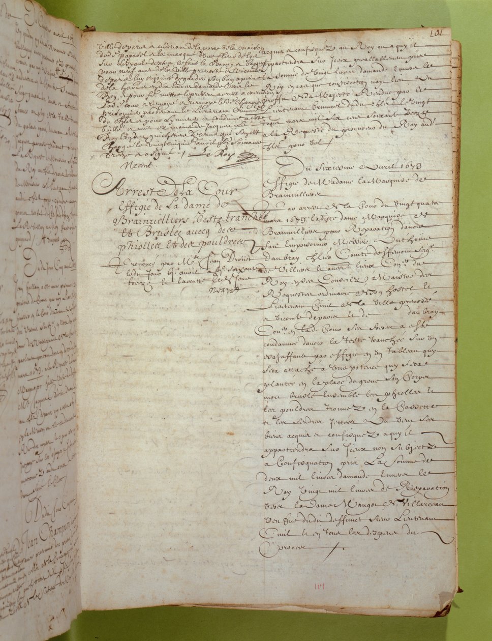 Výpis ze záznamů Conciergerie o odsouzení k smrti popravou a upálením markýze de Brinvilliers, duben 1673 (pero a inkoust na papíře) od Unbekannt