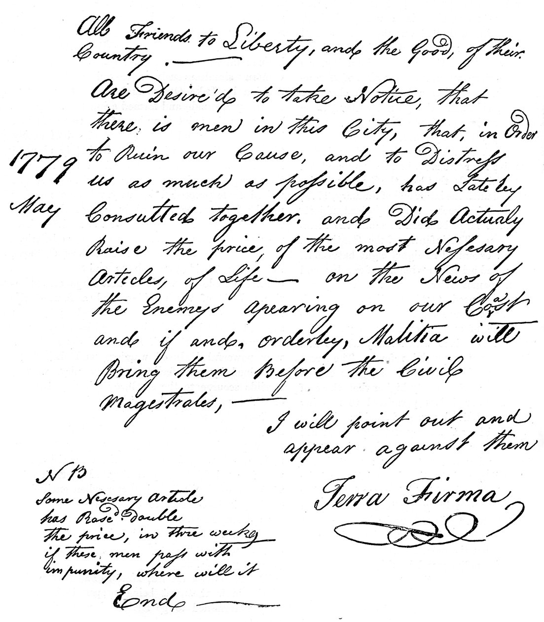 Faksimile prohlášení o nedostatku jídla v Americe, 1779 c1880 od Unbekannt