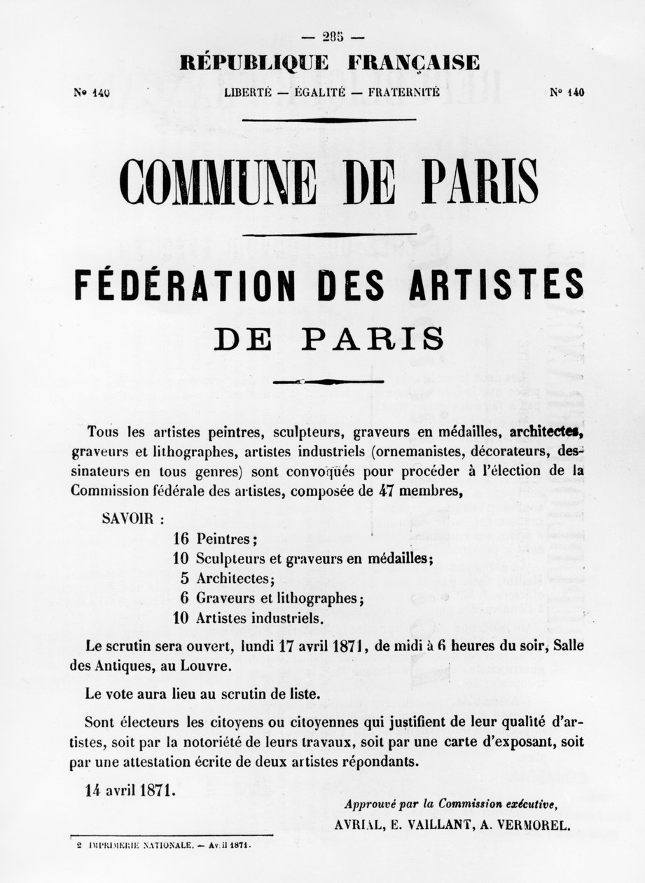 Federation des Artistes, z francouzských politických plakátů Pařížské komuny, květen 1871 od Unbekannt