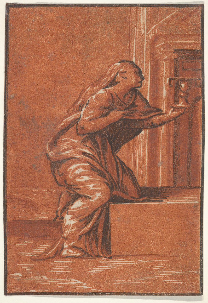 Ženská personifikace víry, která klečí a zvedá kalich v levé ruce, af..., ca. 1520-1560. od Unbekannt
