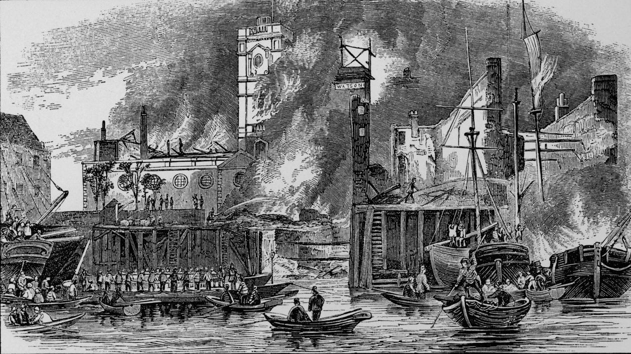 Požár v Toppings Wharf, London Bridge, 1843, c1843, 1912. od Unbekannt