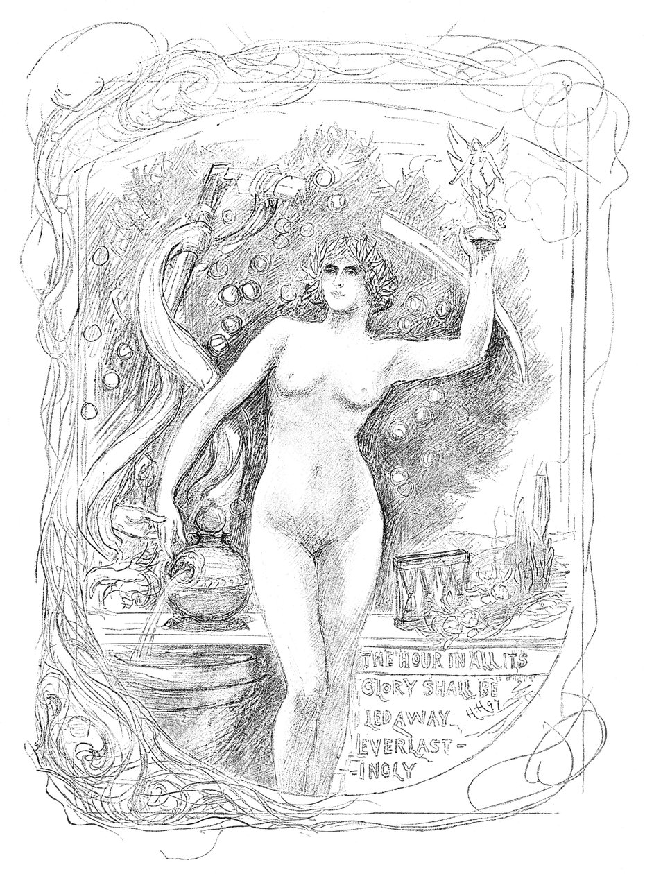 První skica pro smalt Hodina v celé své slávě bude navždy odvedena, 1899 od Unbekannt