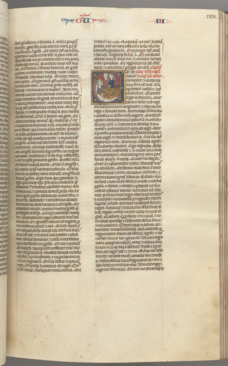 Fol. 123r, Kings III, historická iniciála E, průvodčí přinášející Abishag Davidovi..., c. 1275-1300 od Unbekannt