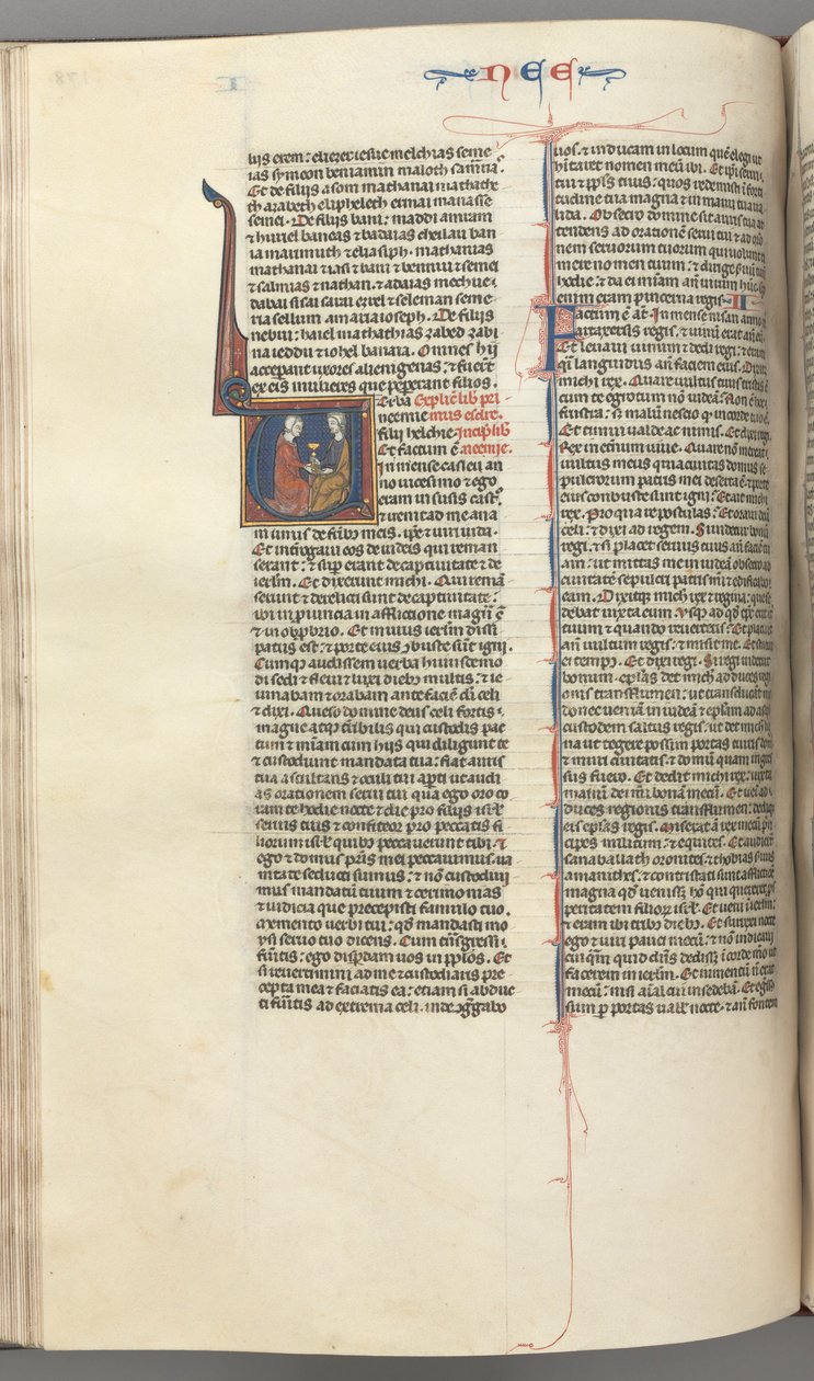 Fol. 178v, Nehemiáš, historická iniciála V, Nehemiáš předává zlatý pohár Artaxerxovi, c. 127 od Unbekannt