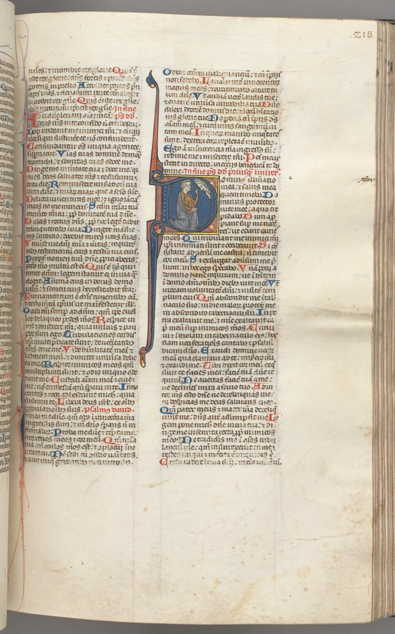 Fol. 218r, Žalm 26, historická iniciála D, klečící David ukazuje na své oči, busta Boží..., od Unbekannt