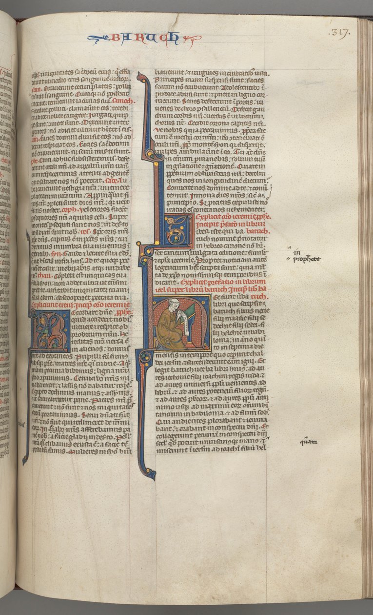Fol. 317r, Baruch, historická iniciála H, Baruch sedící u stolu píšící na svitek, c. 1275-1300. od Unbekannt