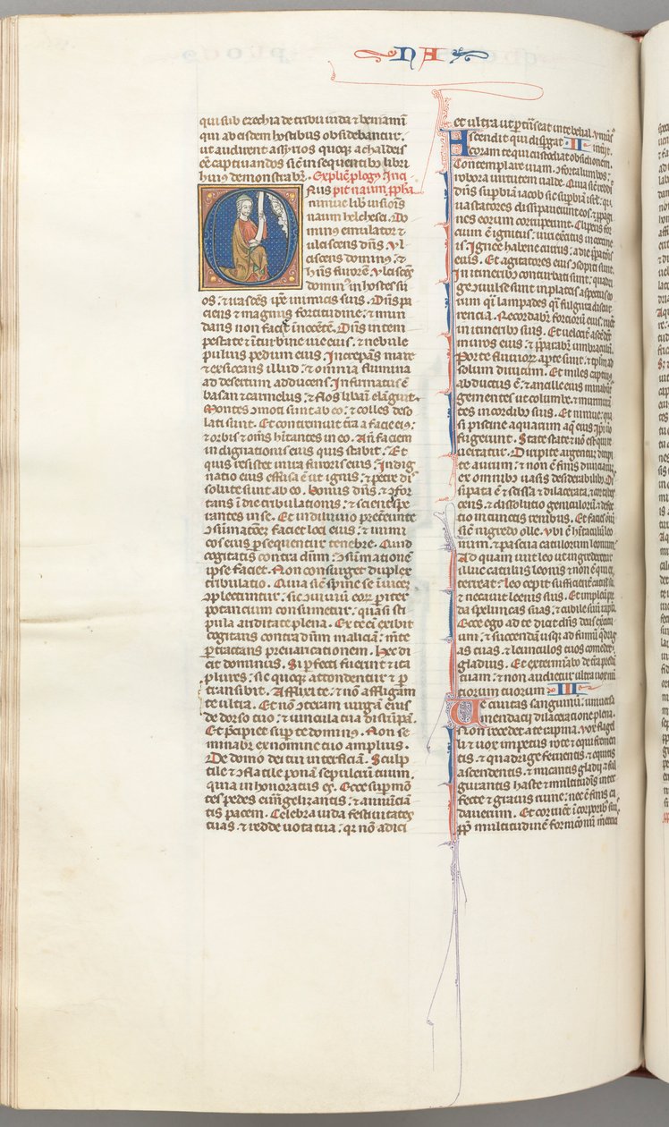 Fol. 360v, Nahum, historická iniciála O, Nahum klečící se svitkem, nahoře busta Boha, c. 1275-13 od Unbekannt