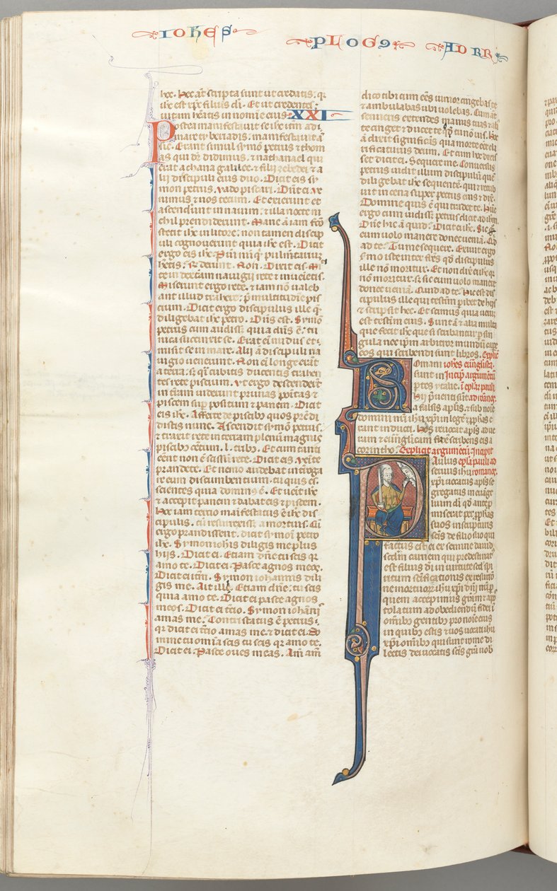 Fol. 435v, Římanům, historická iniciála P, Pavel sedící s mečem mluvící k bustě Boží..., c. od Unbekannt