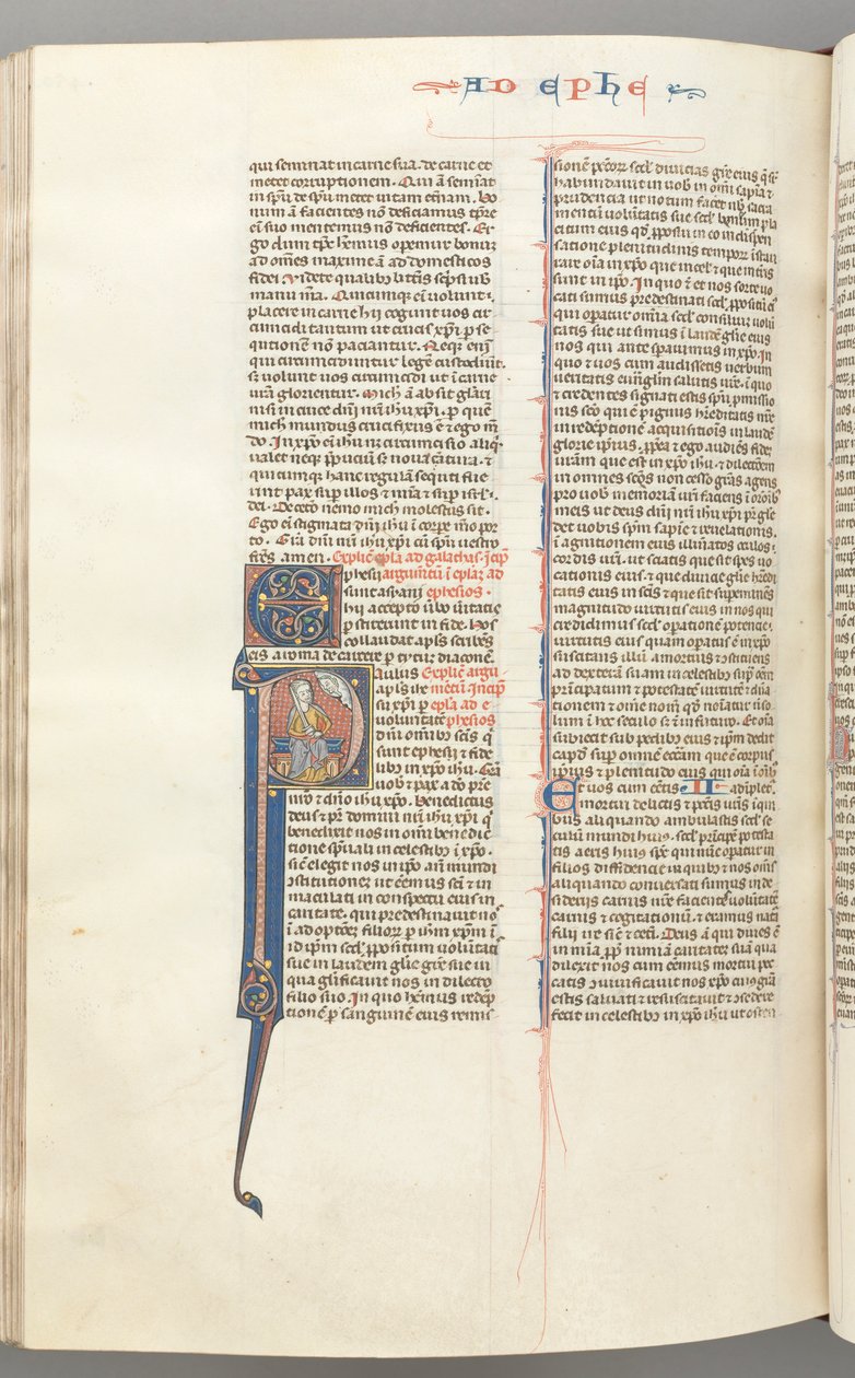 Fol. 450v, Efezským, historická iniciála P, Pavel sedící s mečem, poprsí Boží nahoře, c. 127 od Unbekannt