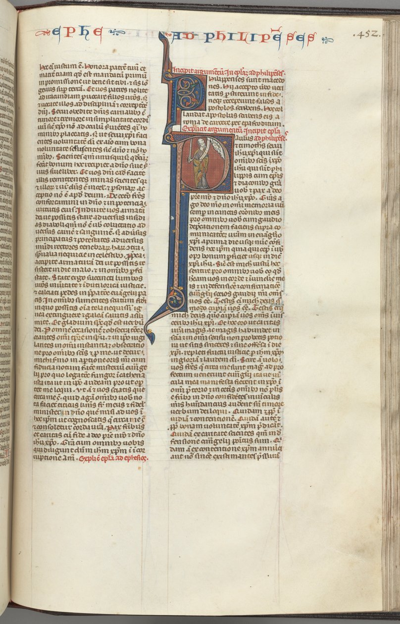 Fol. 452r, Filipským, historická iniciála P, Pavel stojící s mečem a svitkem, mluví k t od Unbekannt