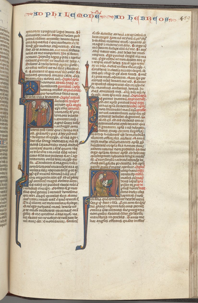 Fol. 459r, Filemon, historická iniciála P, Pavel oslovující tři muže a Židům..., c. 1275-1300. od Unbekannt