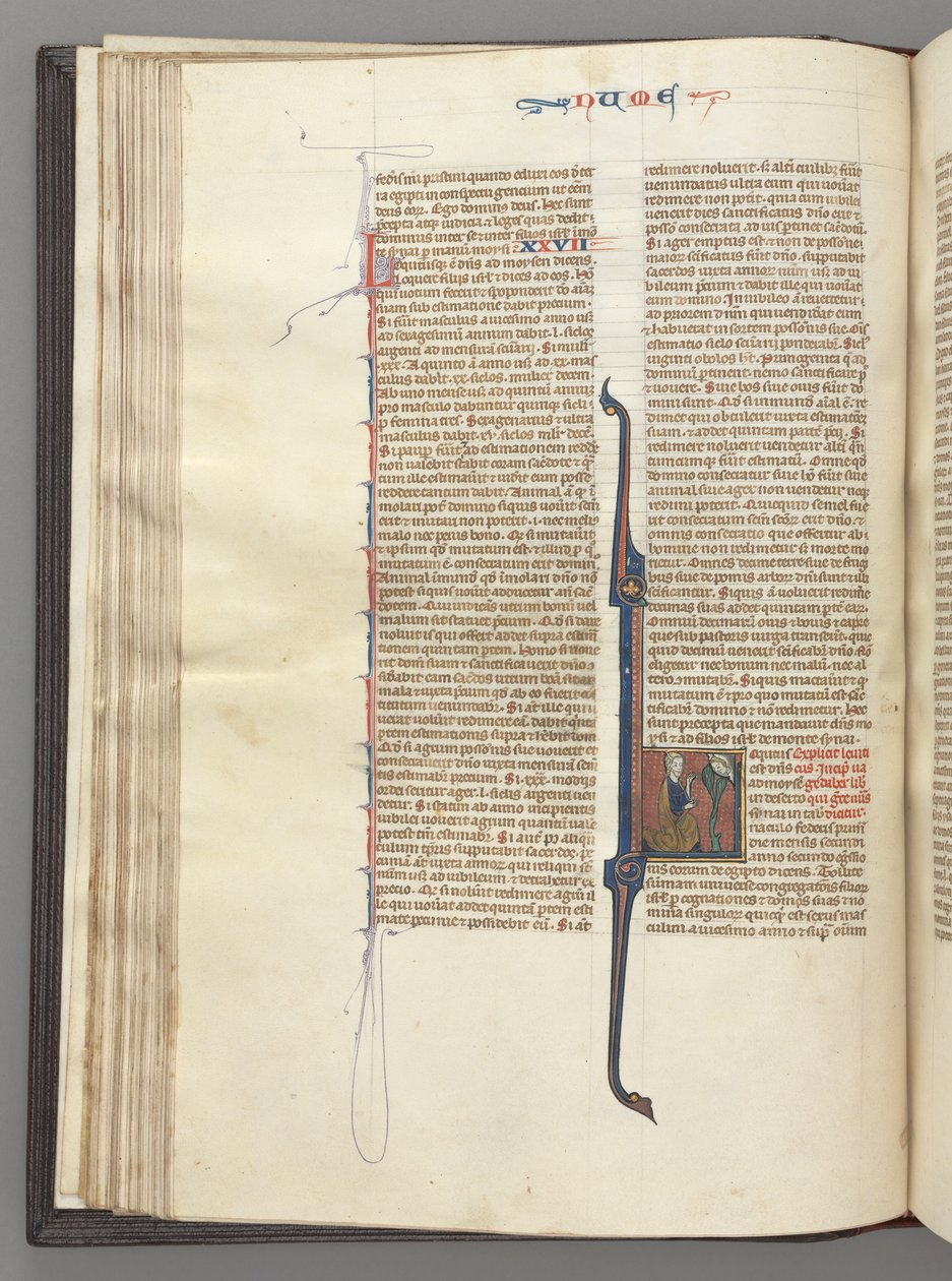 Fol. 46v, Numeri, historická iniciála L, Mojžíš s rohy, klečící před Bohem, c. 1275-1300. od Unbekannt