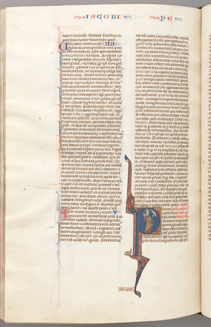 Fol. 477v, Petr, historická iniciála P, Petr s klíčem, mluví s bustou Boží nahoře, c. 1275 od Unbekannt