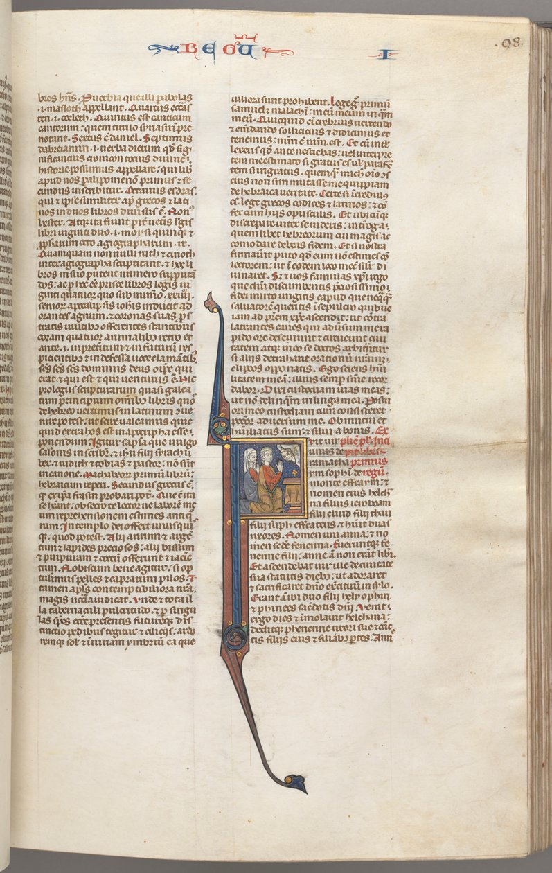 Fol. 98r, Kings I, historická iniciála F, Elkanah a Hannah klečící před oltářem..., c. 1275-13 od Unbekannt