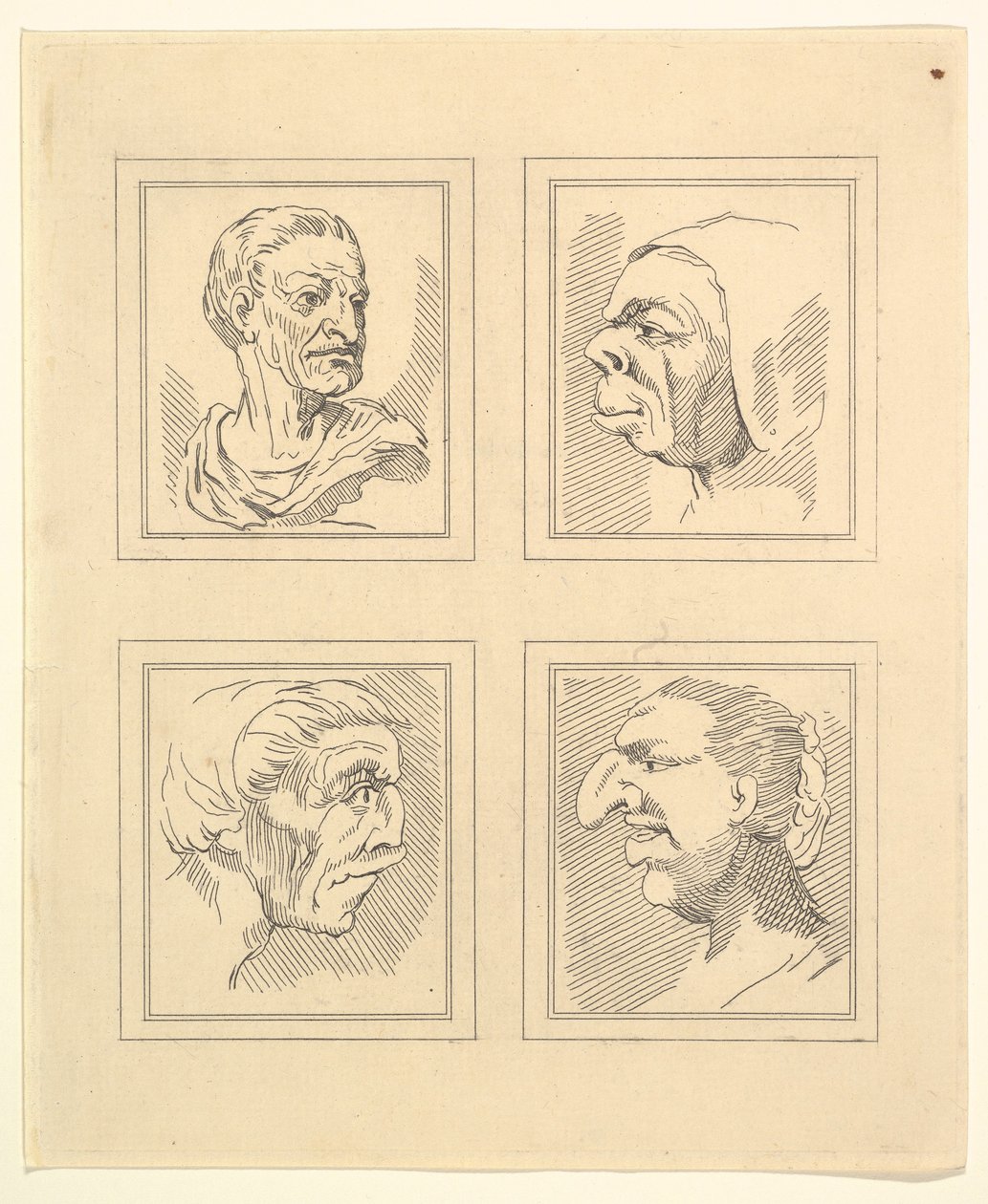 Čtyři hlavy z Characaturas od Leonarda da Vinciho, z kreseb Wincelslause Hollara, o..., 1786. od Unbekannt