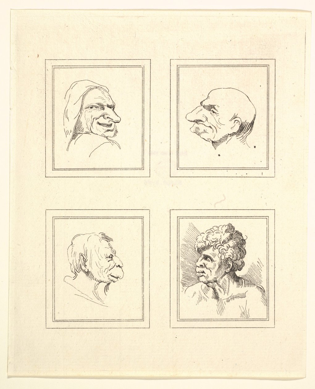 Čtyři hlavy z Characaturas od Leonarda da Vinciho, z kreseb Wincelslause Hollara, o..., 1786. od Unbekannt