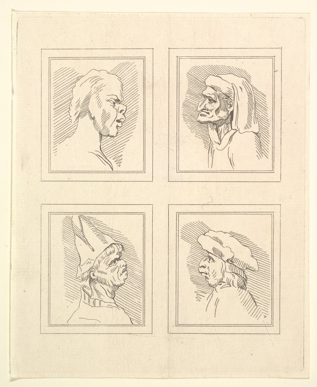 Čtyři hlavy z Characaturas od Leonarda da Vinciho, z kreseb Wincelslause Hollara, o..., 1786. od Unbekannt