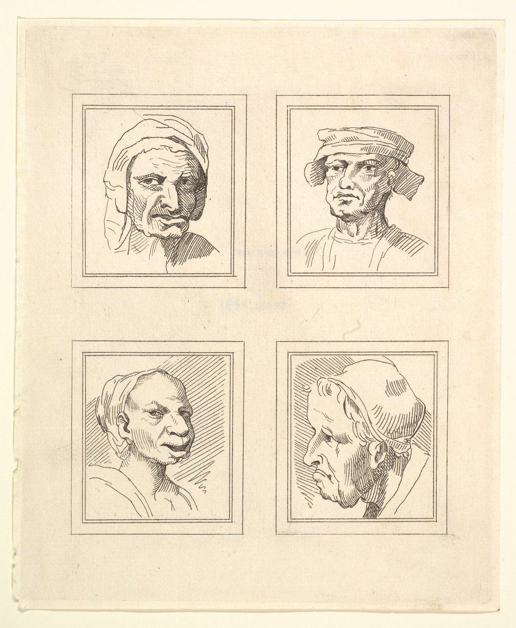 Čtyři hlavy z Characaturas od Leonarda da Vinciho, z kreseb Wincelslause Hollara, o..., 1786. od Unbekannt