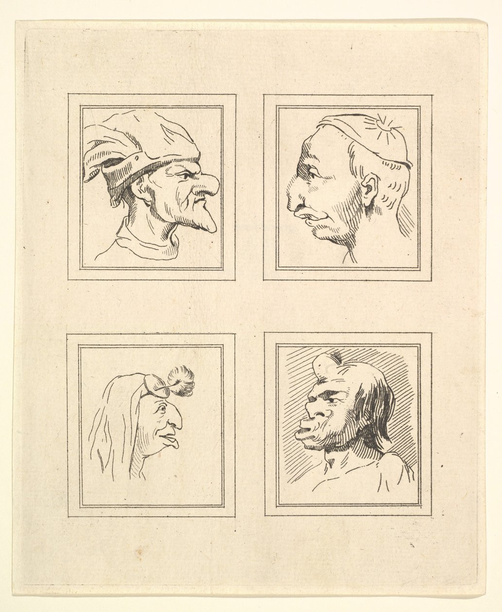 Čtyři hlavy z Characaturas od Leonarda da Vinciho, z kreseb Wincelslause Hollara, o..., 1786. od Unbekannt