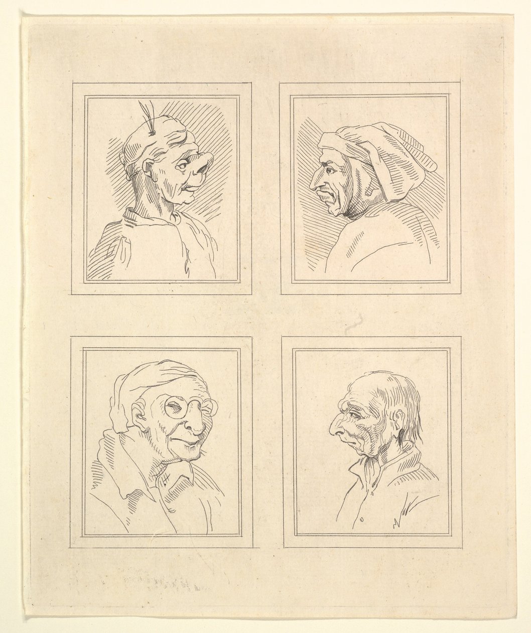 Čtyři hlavy z Characaturas od Leonarda da Vinciho, z kreseb Wincelslause Hollara, o..., 1786. od Unbekannt