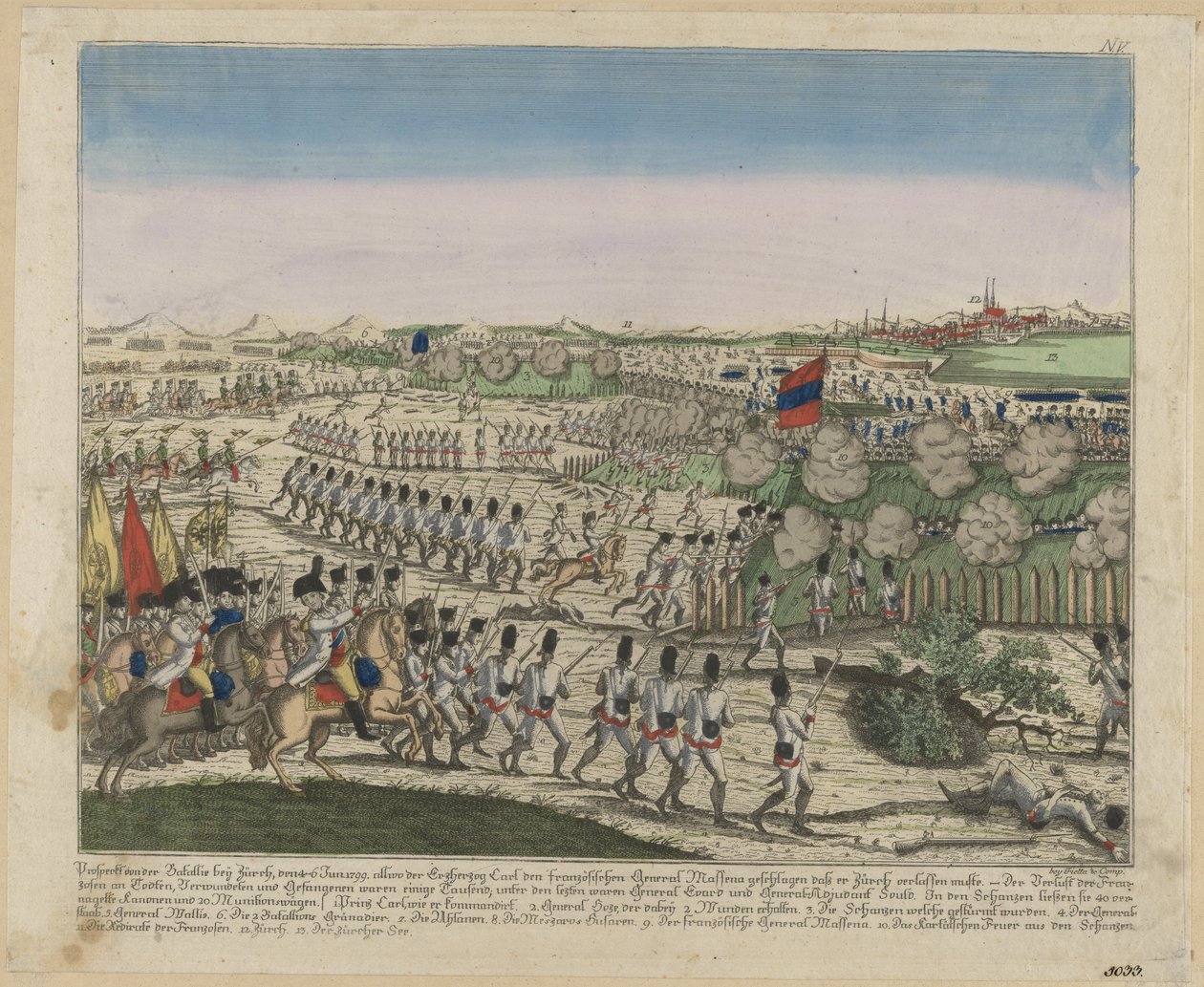 Francouzské a ruské jednotky na kopci Zürichberg v první bitvě u Curychu, c. 1810 od Unbekannt
