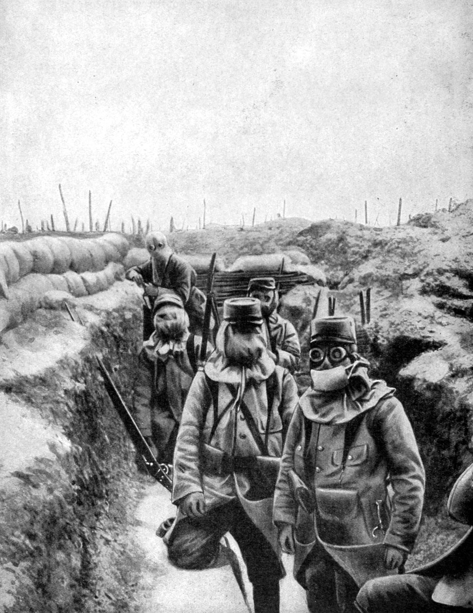 Francouzští vojáci v improvizovaných plynových maskách, 1915 od Unbekannt