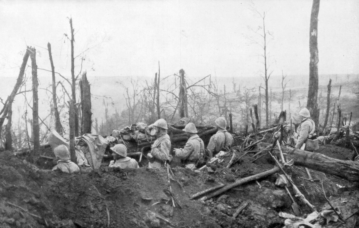 Francouzští vojáci s výhledem na německé pozice, bitva u Malmaison, 1917 od Unbekannt