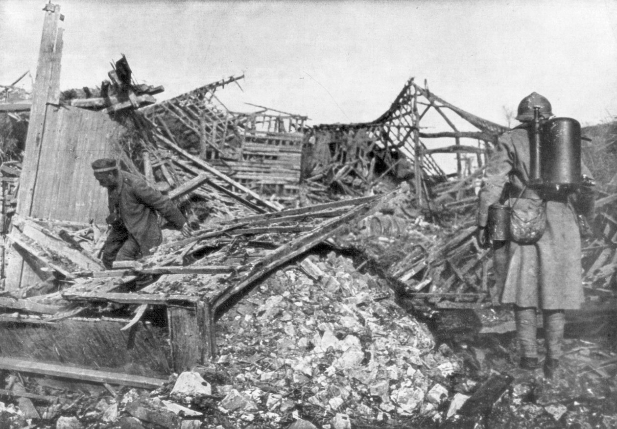 Francouzské jednotky používající plamenomety ke spláchnutí Němců z jejich úkrytů, Cantigny, Francie, 1918 od Unbekannt