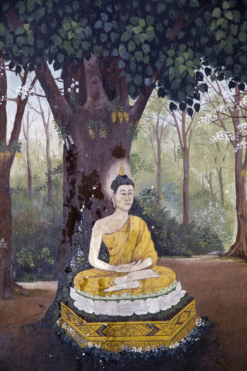 Freska zobrazující scénu Buddhova života ve Wat Phra Doi Suthep, Chiang Mai. Buddha medituje pod stromem. Thajsko od Unbekannt