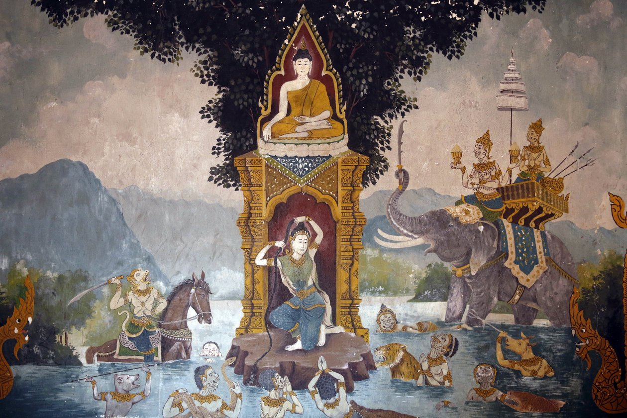Freska zobrazující scénu Buddhova života ve Wat Phra Doi Suthep, Chiang Mai. Phra Mae Thorani si zkroutí dlouhé vlasy a přívaly vody vytvoří záplavu. Thajsko od Unbekannt