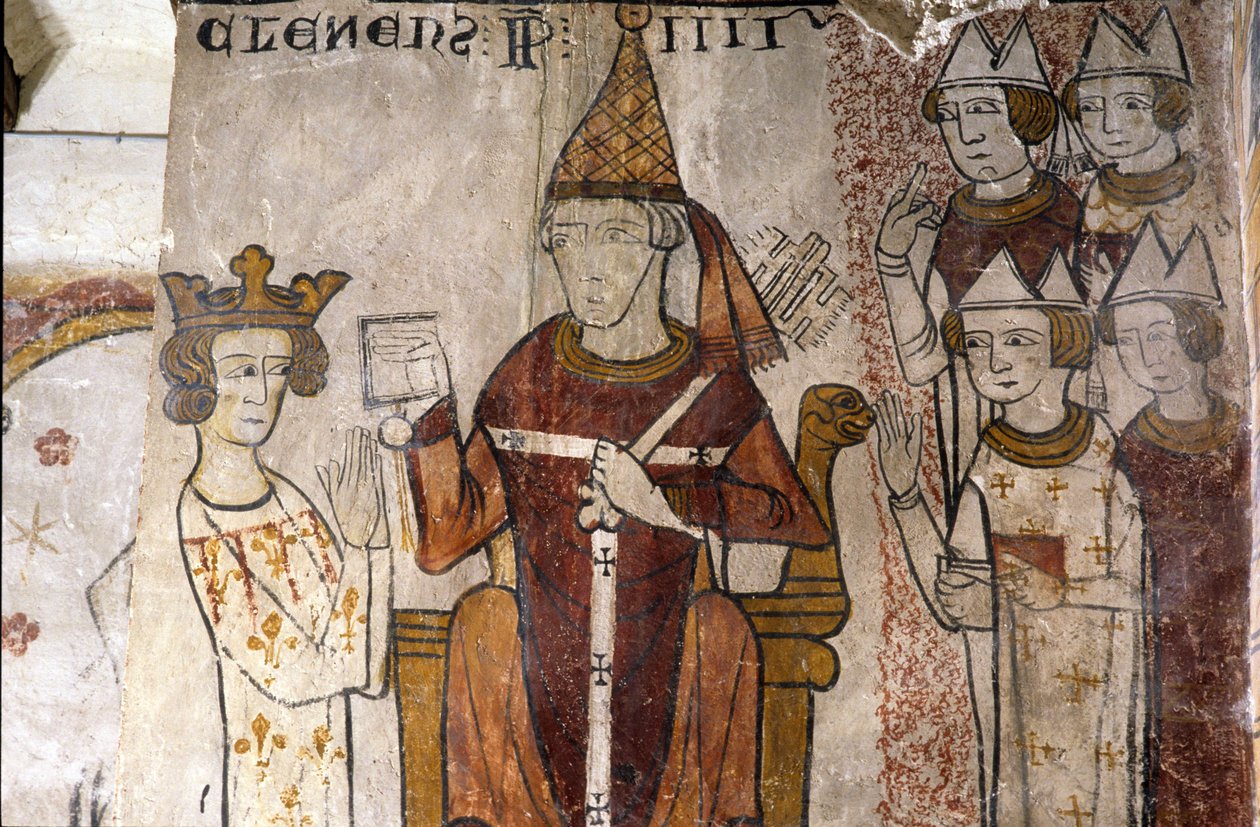 Freska věže Ferrande v Pernes-les-Fontaines (Pernes les Fontaines, Vaucluse (84)) ze 13. století: Karel I. z Anjou (1226-1285) byl 28. června 1265 papežem investován do Sicilského království. Klement IV (v. 1195-1268). od Unbekannt
