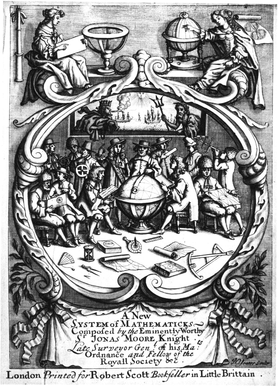 Frontispis Nového systému matematiky od Jonase Moorea, 1681 od Unbekannt