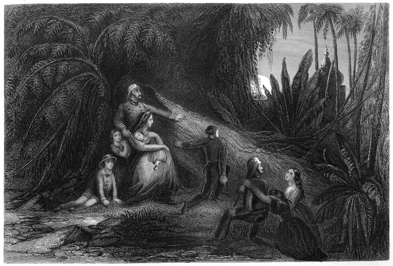 Důstojníci na útěku se svými rodinami ukrývajícími se v džungli, 1857, 1860 od Unbekannt