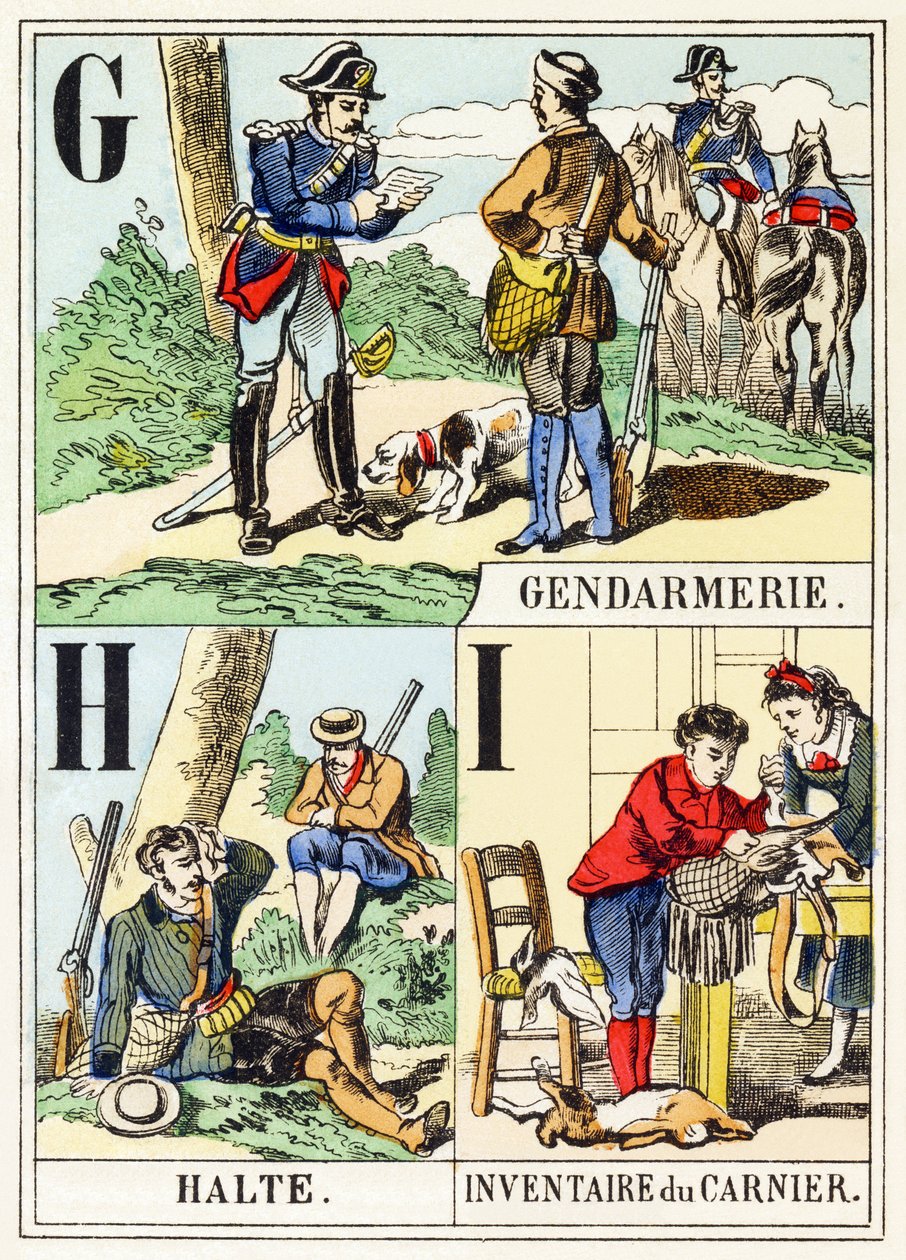 G H I: Gendarmerie, Halte, Inventaire du gamenier - The Hunting Alphabet, c.1890 (rytina) od Unbekannt