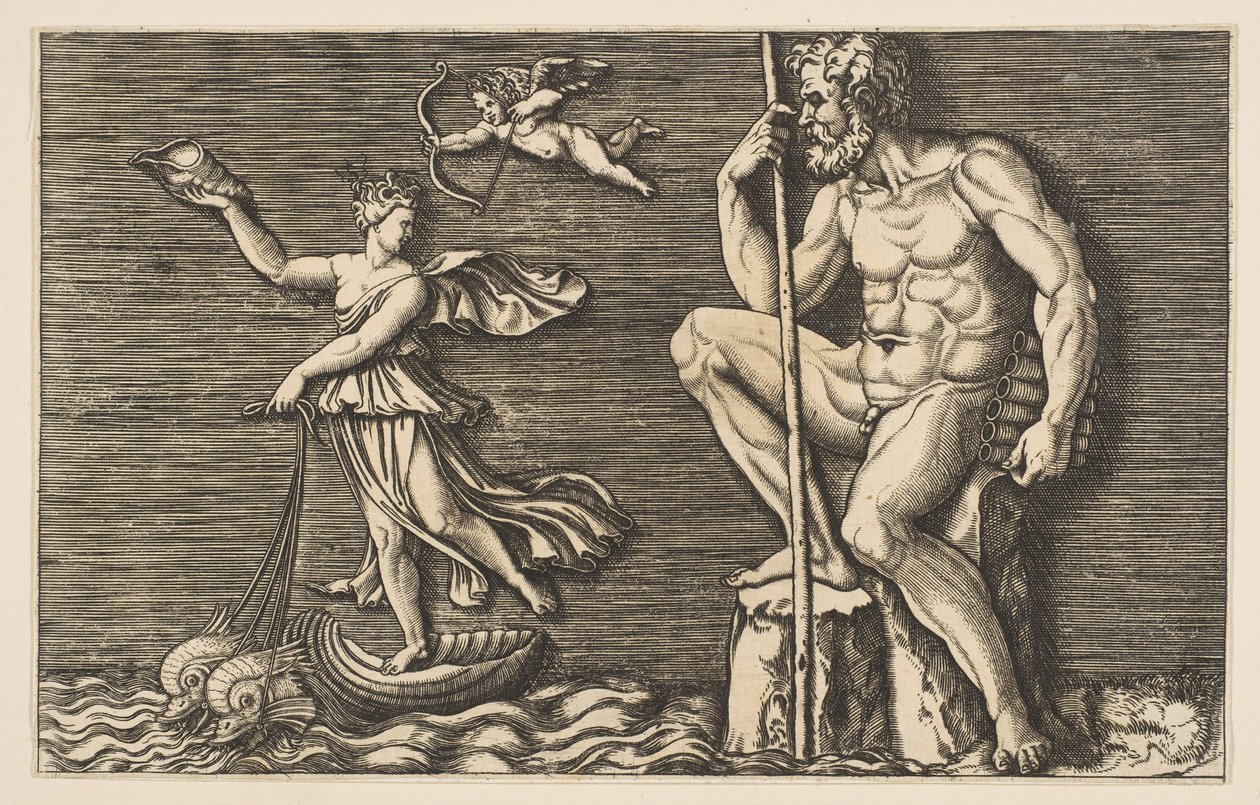 Galatea unikl Polyphemus, on sedí na skále, drží hůl a trubky a..., ca. 1515-1600. od Unbekannt