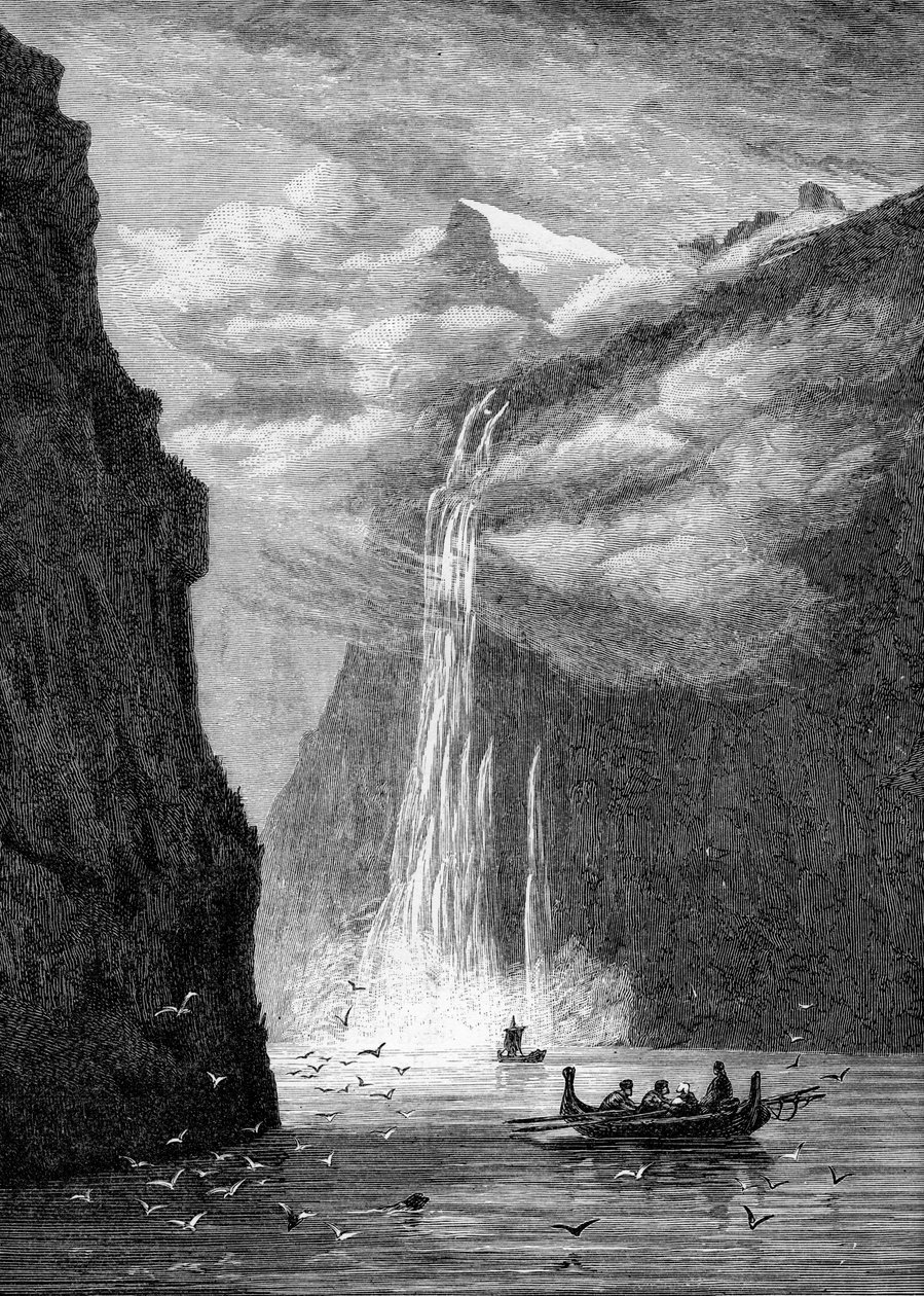 Geirangerský fjord s vodopádem Seven Sisters Fall, Norsko, 1882 od Unbekannt