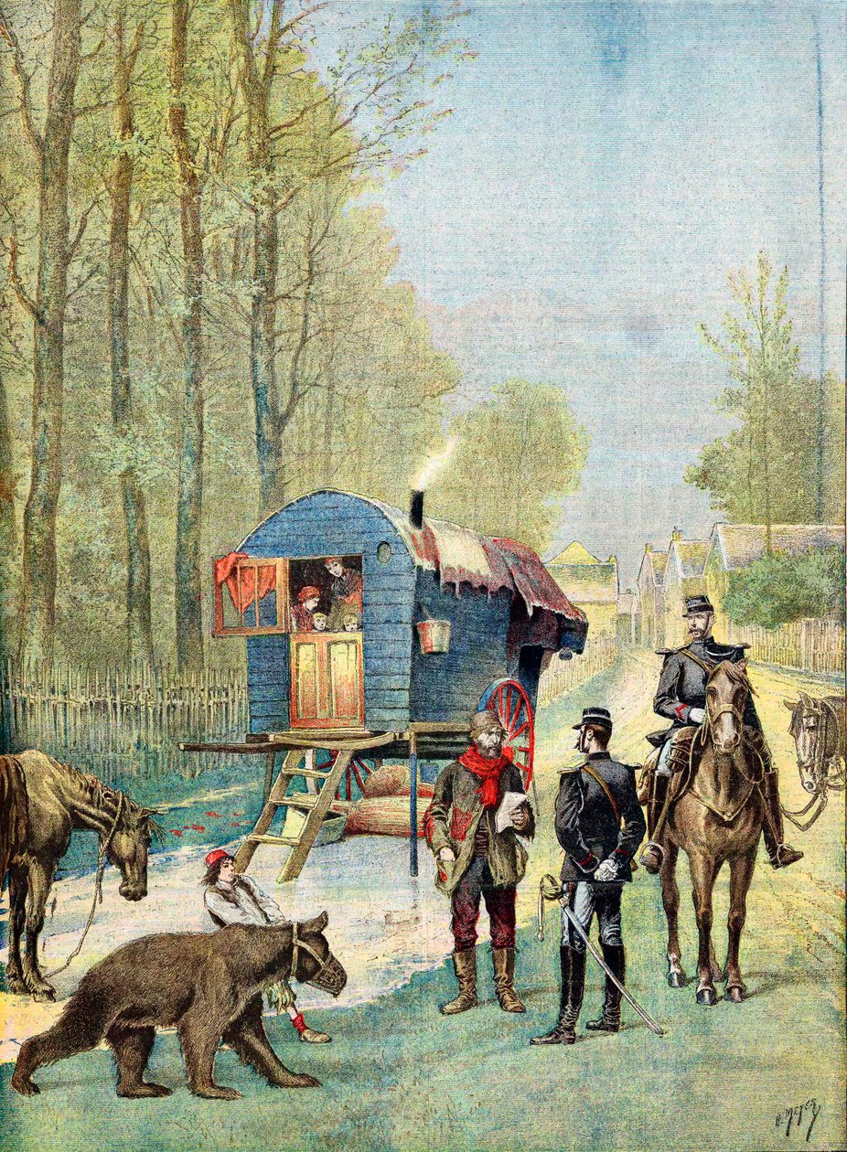 Četníci přijímající sčítací listy do tábora potulných Cikánů v jejich karavaně, 1895 od Unbekannt