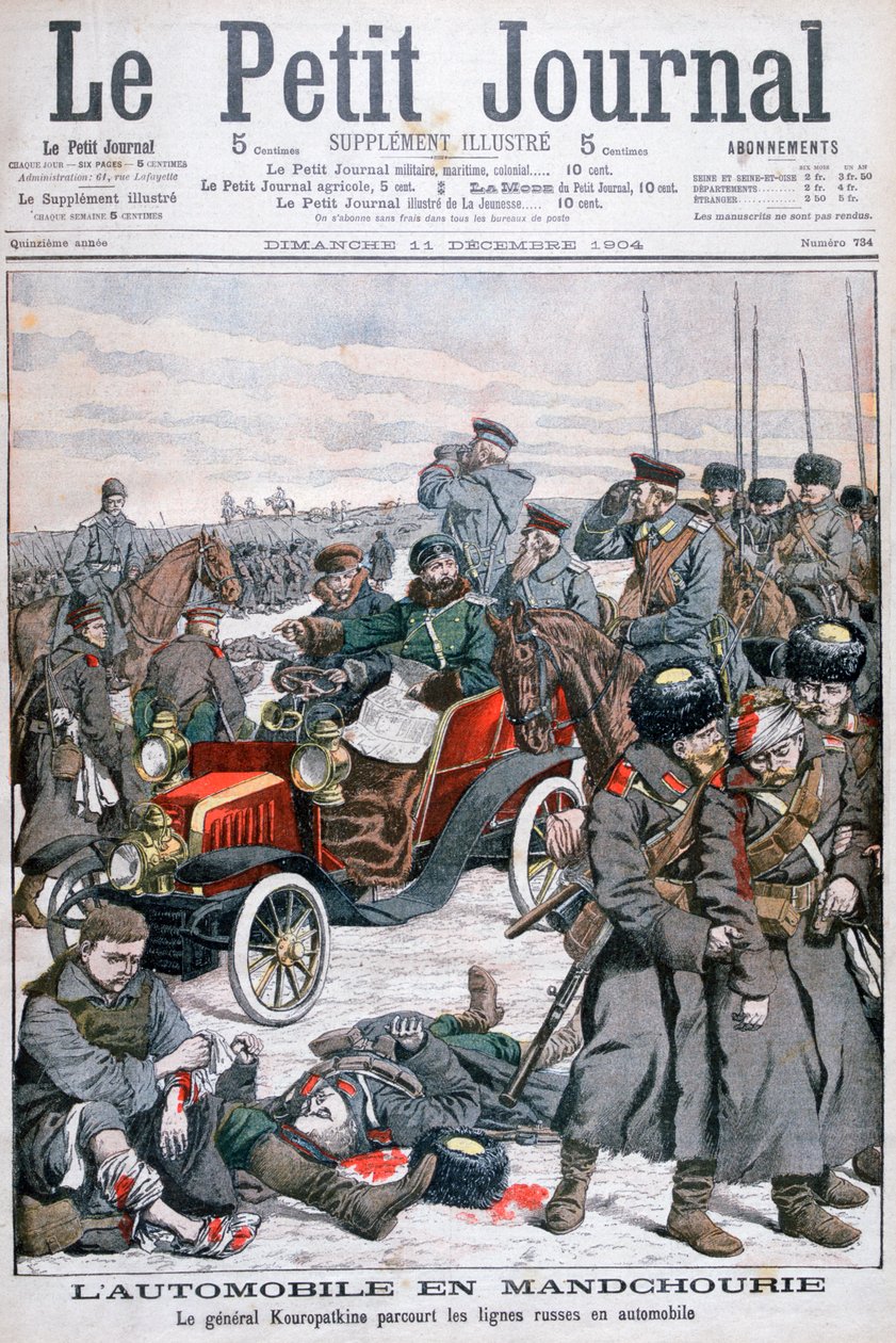 Generál Kuropatkin objíždí ruské linie autem, rusko-japonská válka, 1904 od Unbekannt
